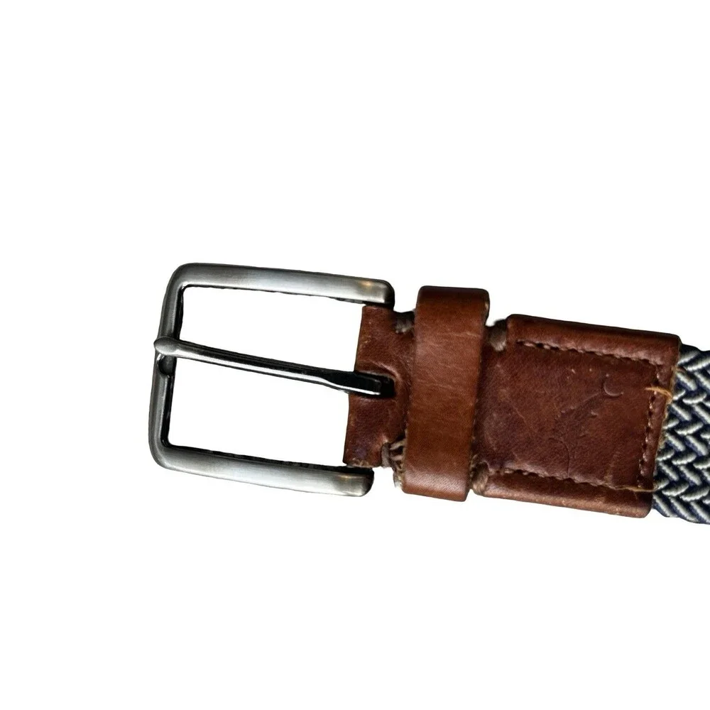 Tommy Hilfiger Woven Stretch Belt Blue Gray Brown Leather Size L/XL Made in DR